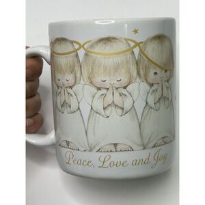 PEACE LOVE JOY Praying Angels Coffee Mug Cup Christmas White + Gold Color VTG
